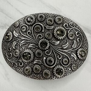 Rhinestone Studded Floral Silver Tone Oval Western Belt Buckle Statement ✨
